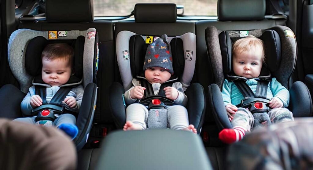 3 bambini in 3 seggiolini auto nel retro dell'auto