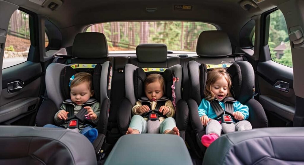 3 bambini su 3 seggiolini auto nel retro dell'auto