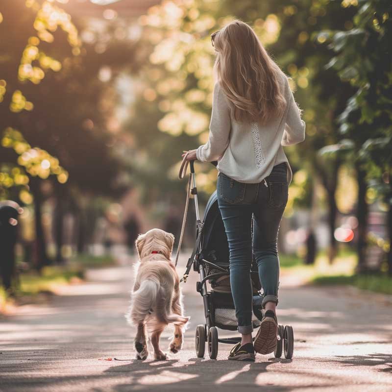 cane a passeggio al guinzaglio con passeggino accanto